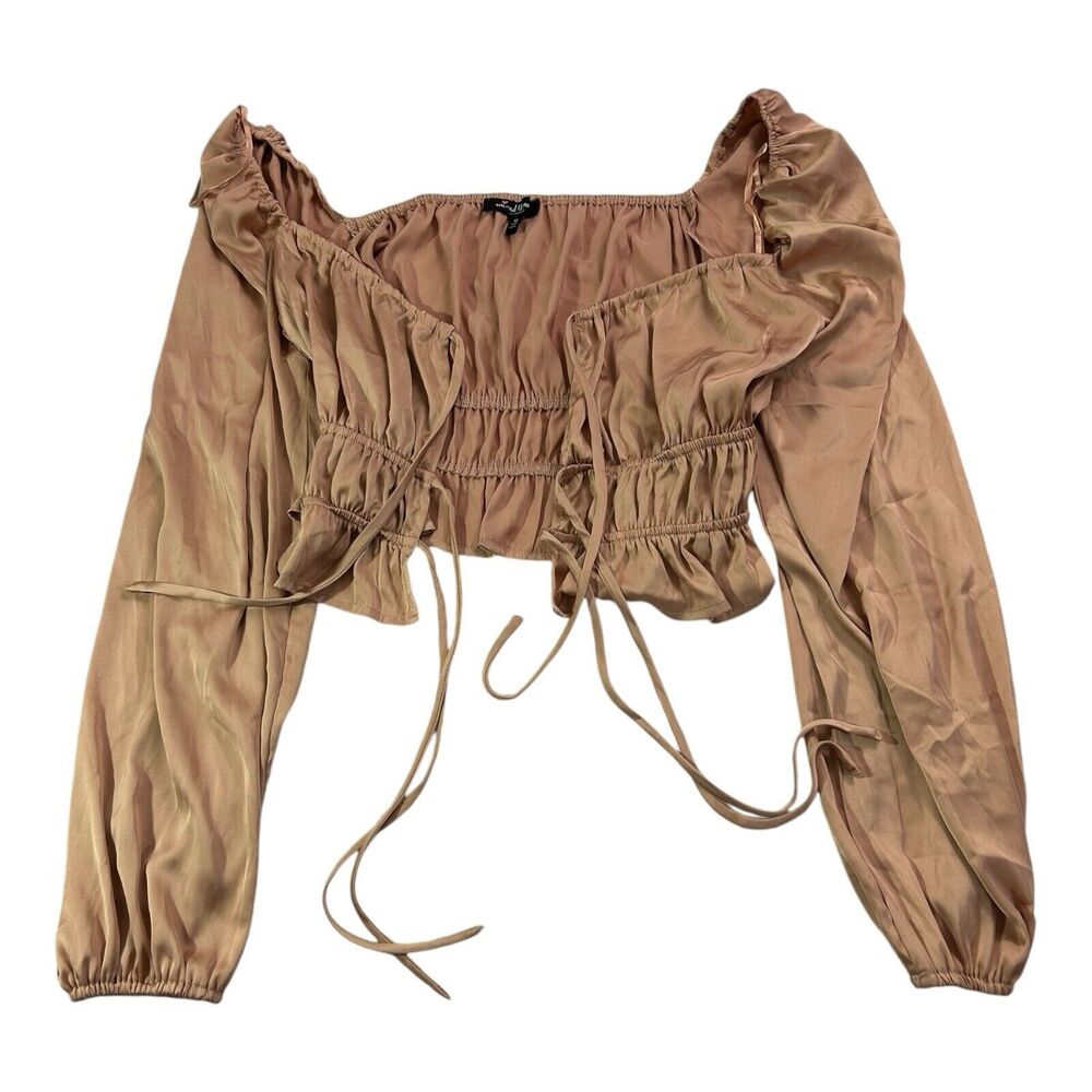 Coquette Ruched Tie Front Crop Top Long Sleeve Beige Brown Sz M MilkMaid Cottage - Picture 2 of 7